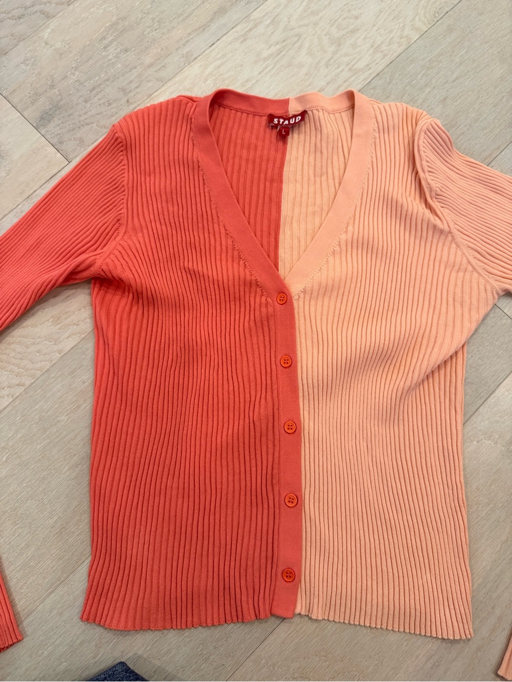 STAUD Two-Tone Ribbed V-Neck Cardigan - Coral & Peach